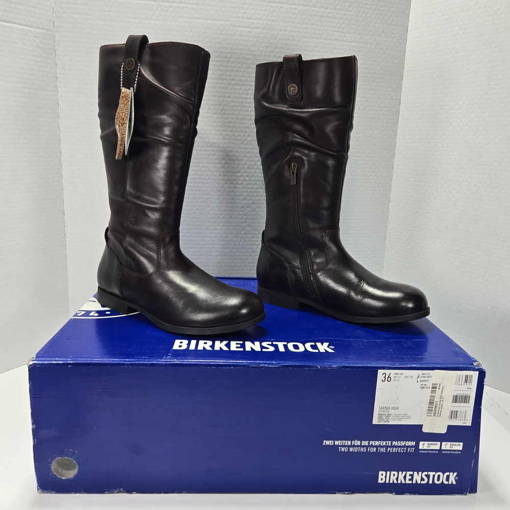 Birkenstock Sarnia Rich Espresso Brown Leather Tall Boots Size EU 36 Nar US 5